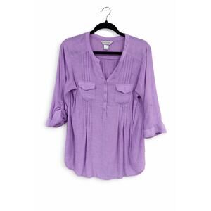 Christopher & Banks Large Lavender Gauze Boho Popover Blouse Roll Tab Pockets